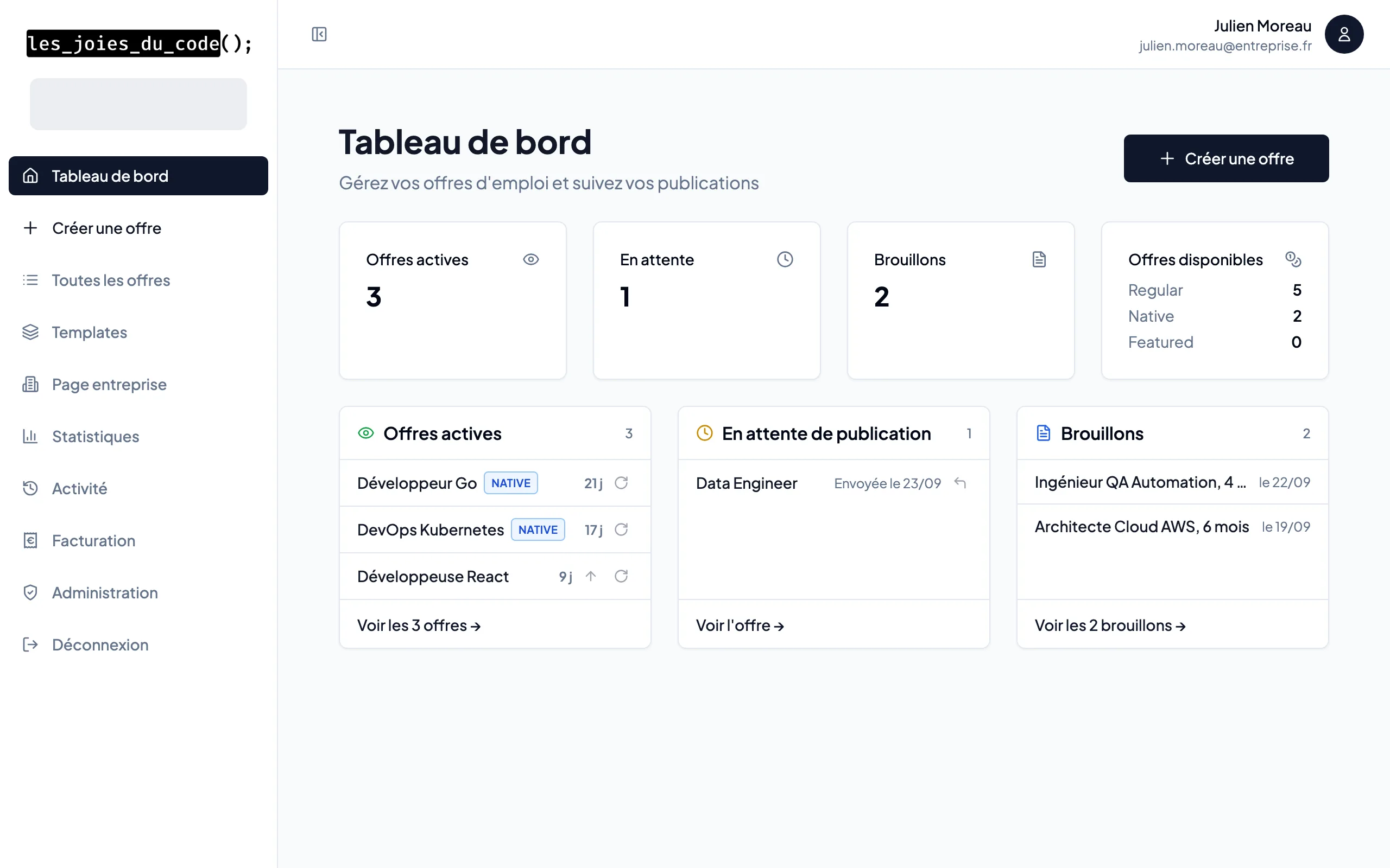 Tableau de bord de l'espace dédié : trois missions actives, une en attente de publication, deux brouillons