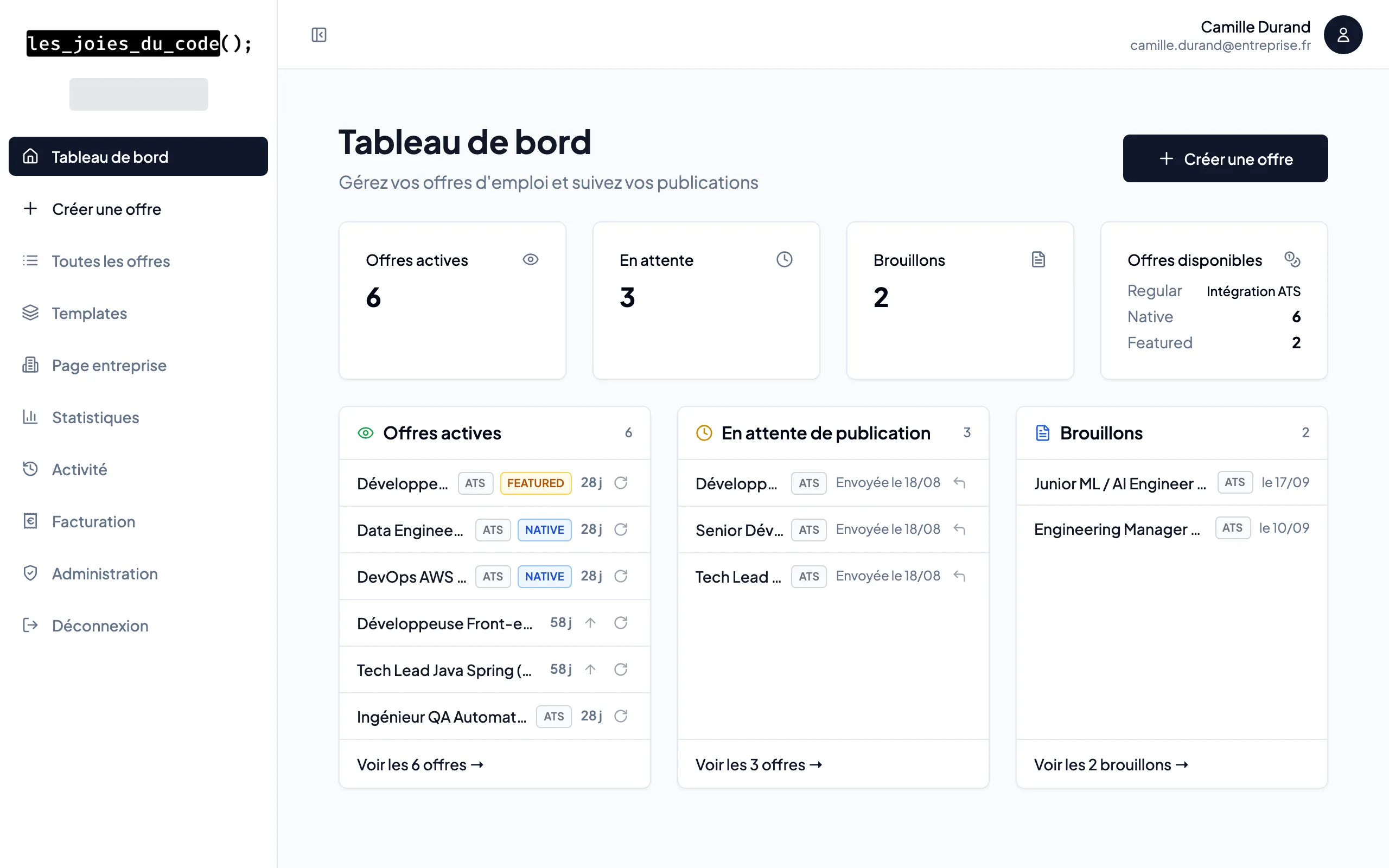 Tableau de bord de l'espace recruteur