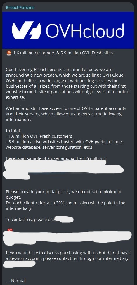 Message Telegram de BreachForums