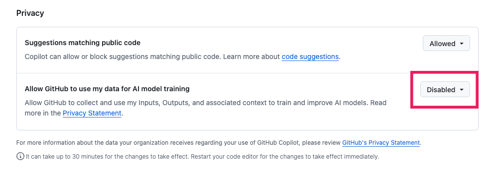 Désactiver l'option d'entraînement IA pour GitHub Copilot