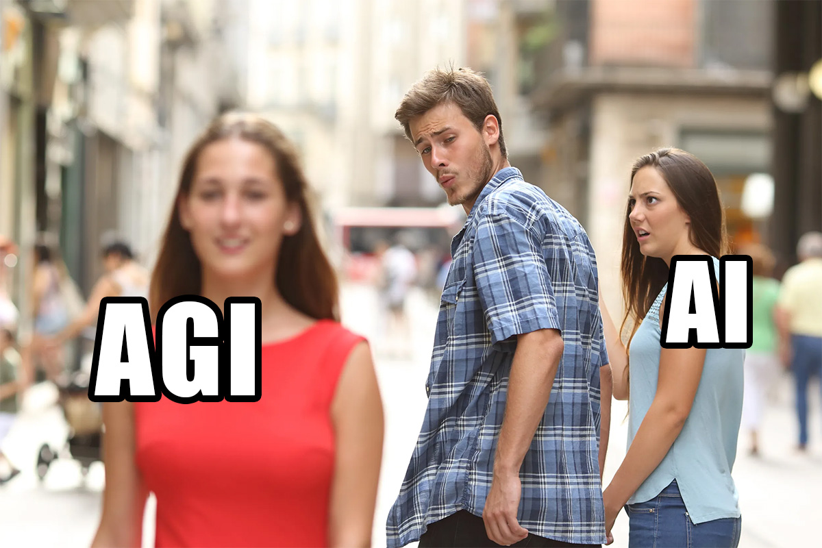 Meme distracted boyfriend avec les termes AI et AGI