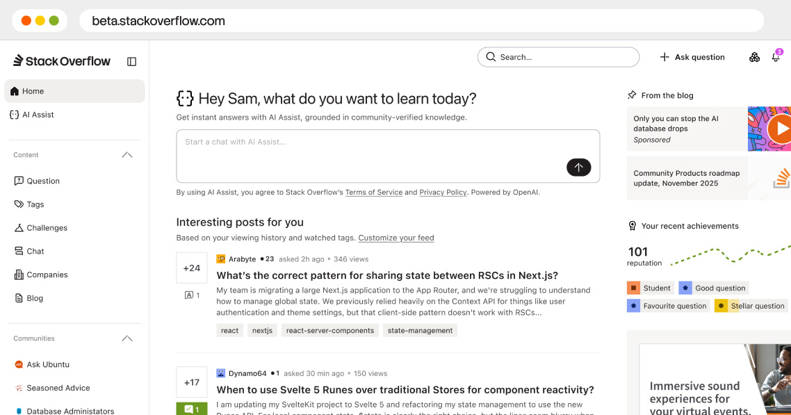 Aperçu de la refonte initiée en bêta pour Stack Overflow (2026)