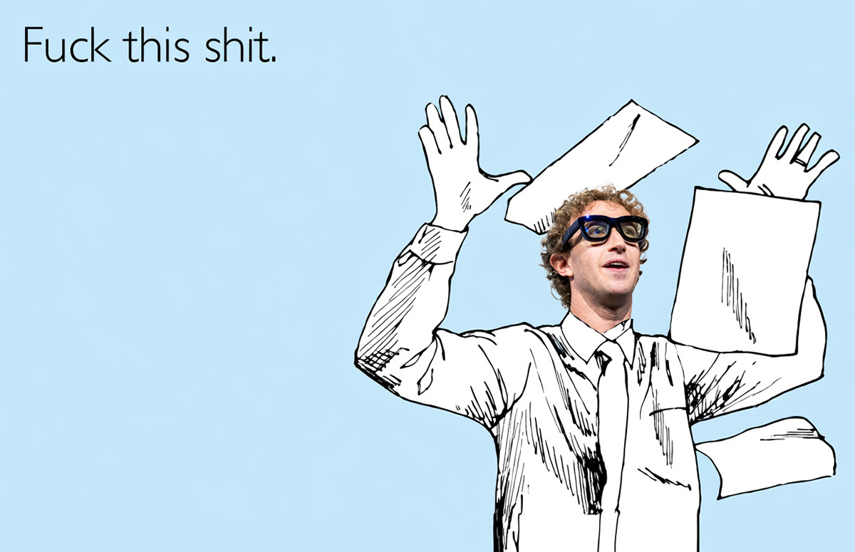 Meme fuck this shit avec Zuckerberg en train de jeter des papiers en l'air
