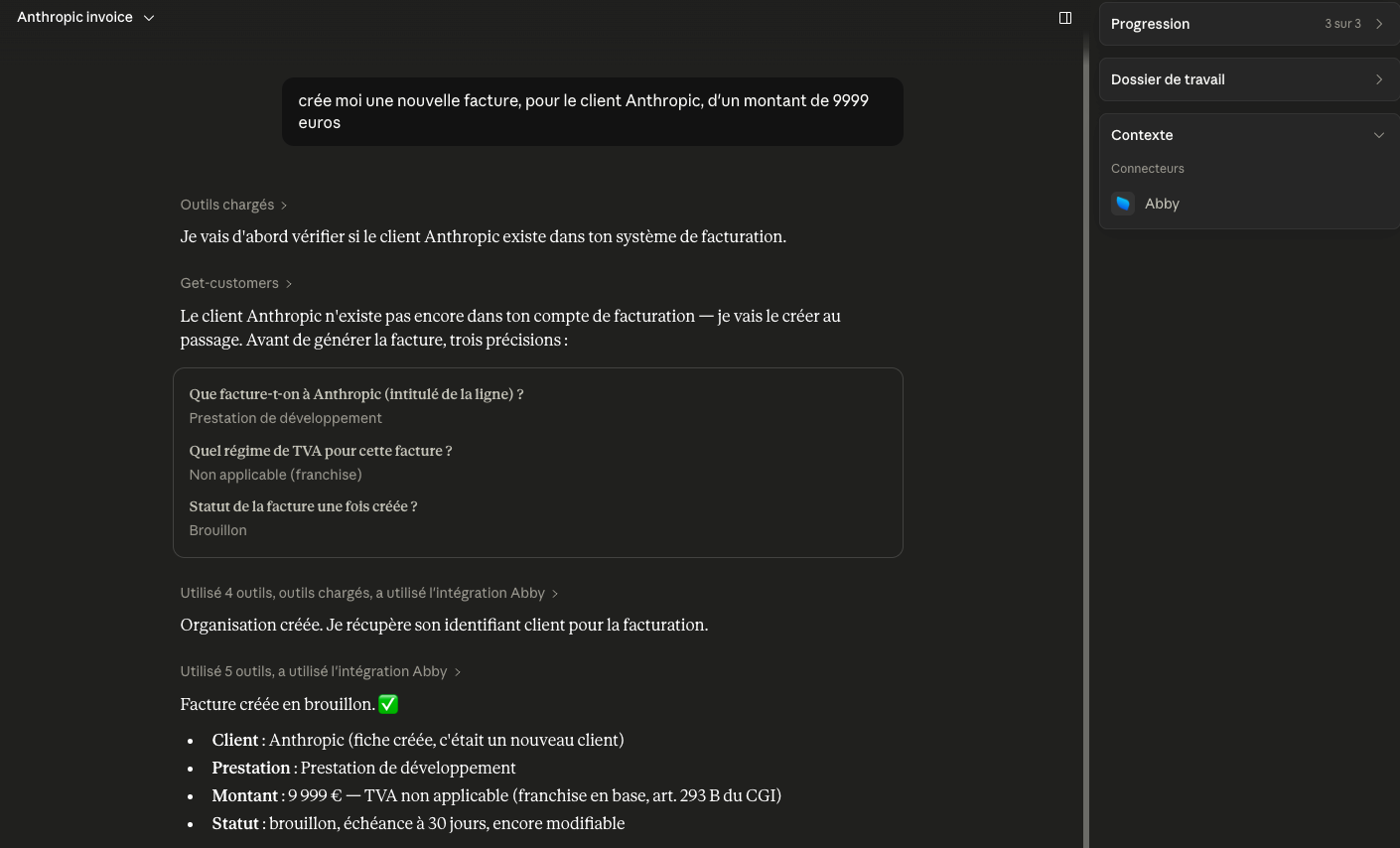Exemple de sollicitation du MCP Abby depuis Claude Desktop