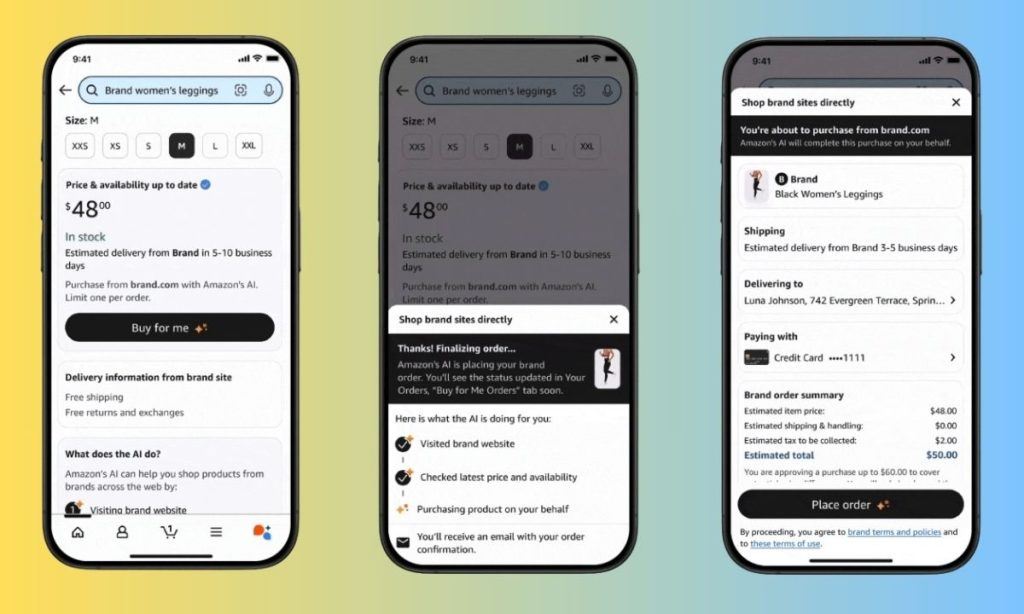 Trois écrans de l'appli Amazon montrant la fonction Buy for Me qui achète un produit sur le site d'une marque
