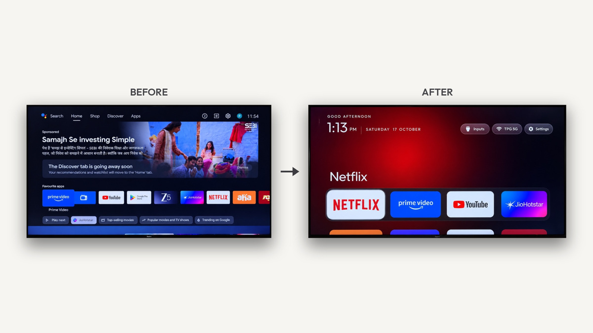 Avant/après d'une télé Android TV : l'accueil rempli de pubs devient un lanceur sobre avec Netflix, Prime Video et YouTube