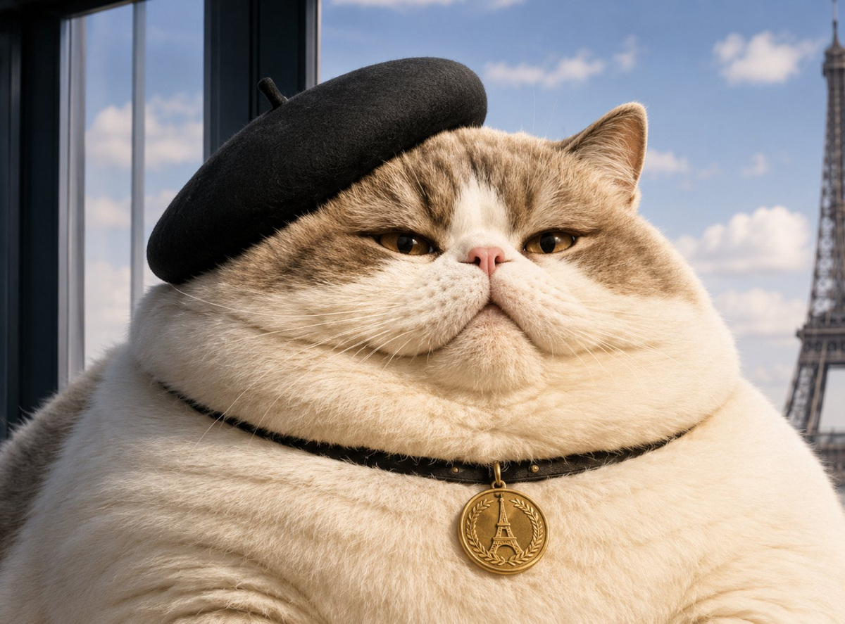 Chat obèse en béret devant la tour Eiffel, médaille Paris autour du cou