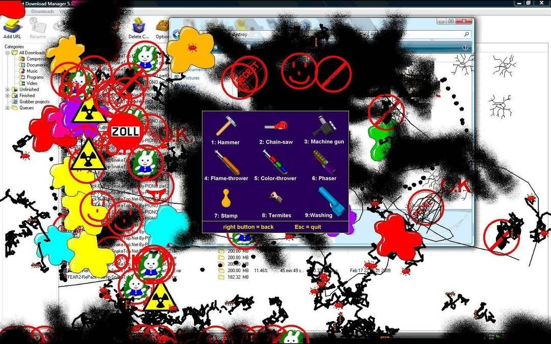 Desktop Destroyer avec menu d'armes et bureau Windows saccagé