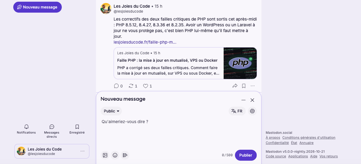 Nouvel éditeur de messages de Mastodon 5.0 ouvert au centre de l'écran sous un post, avec le bouton Nouveau message en haut à gauche
