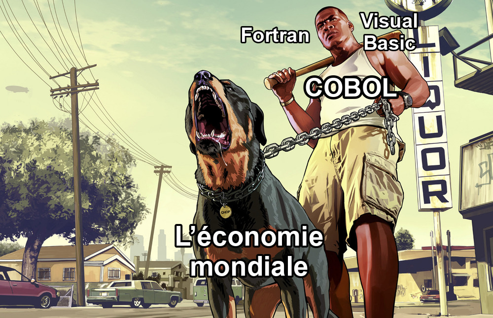 Meme GTA V : Franklin tient Chop en laisse, légendés COBOL, Fortran et Visual Basic, et le chien L'économie mondiale