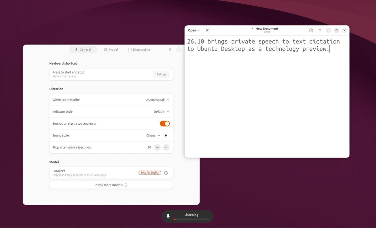 Réglages de Myna, l'outil de dictée vocale d'Ubuntu 26.10, avec texte transcrit en direct
