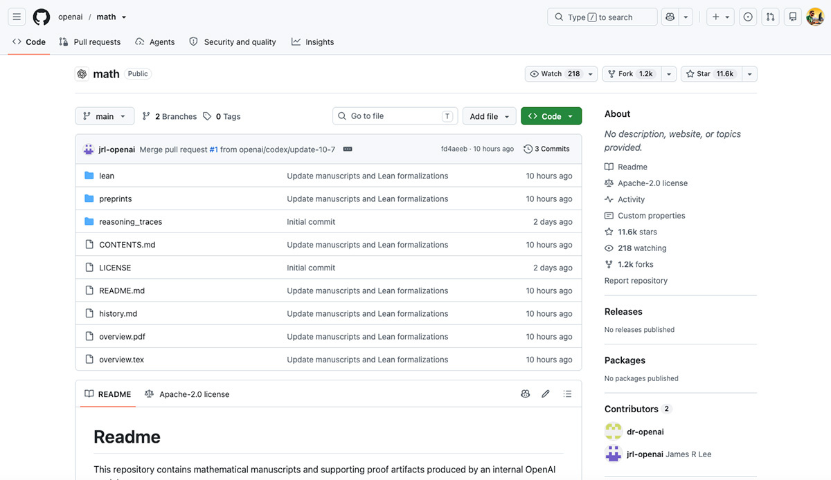 Page du dépôt GitHub openai/math