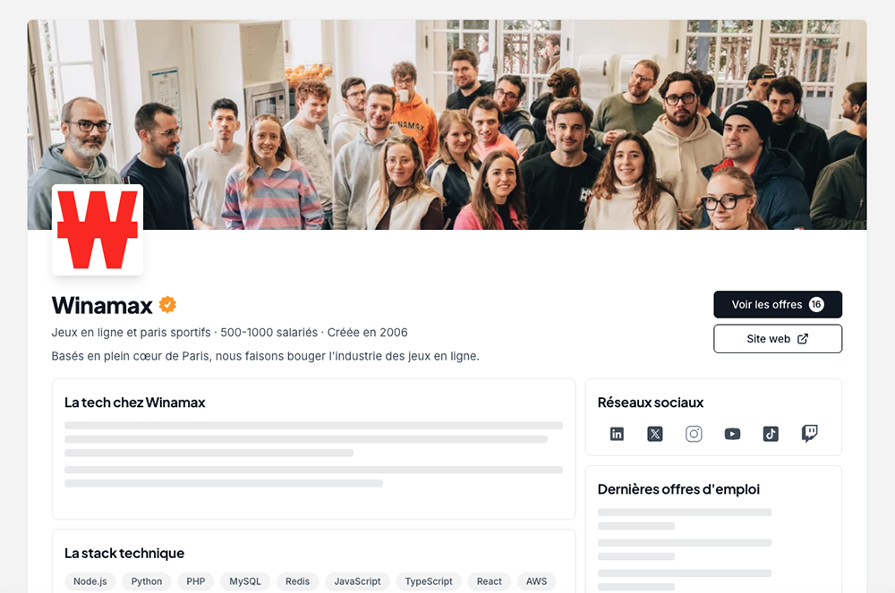 Page entreprise Winamax sur Les Joies du Code Jobs avec équipe, stack technique et offres