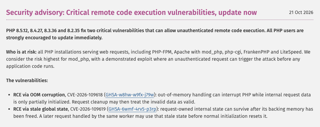 Avis de sécurité de php.net sur deux failles critiques d'exécution de code à distance, avec les versions corrigées de PHP