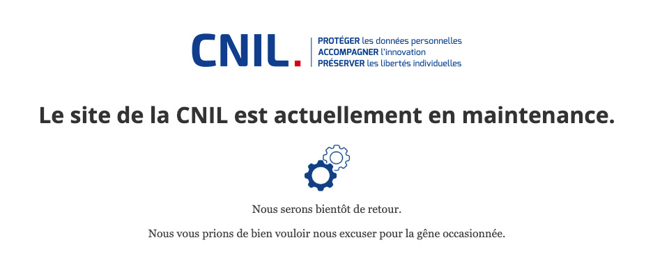 Page de maintenance du site de la CNIL avec le logo et le message Nous serons bientôt de retour