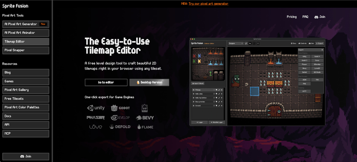 Capture de la page Sprite Fusion, l'éditeur de tilemap pixel art en ligne d'Hugo Duprez