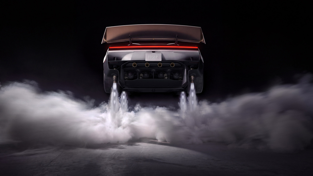 Tesla Roadster vu de l'arrière, propulseurs allumés crachant de la fumée au décollage