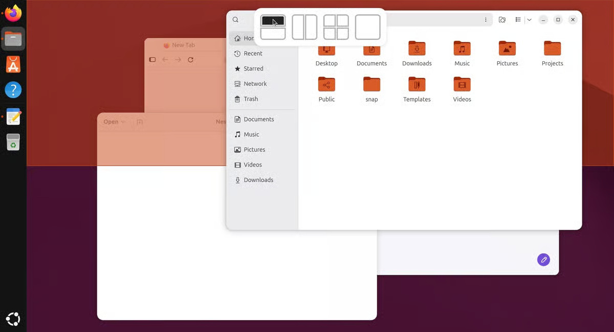 Sélecteur de dispositions de fenêtres d'Ubuntu 26.10, avec les options plein écran, moitié et quart affichées en haut de l'écran