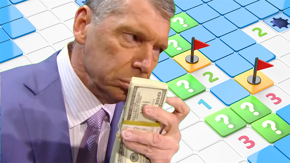Vince McMahon sentant une liasse de billets devant une grille de Démineur avec drapeaux
