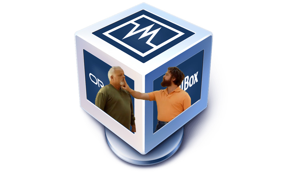 Meme de Zach Galifianakis qui fait chut en posant l'index sur les lèvres de son interlocuteur, incrusté sur le logo de VM VirtualBox