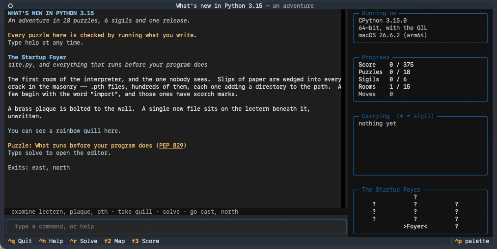 Capture du jeu d'aventure texte whatsnewt dans un terminal, avec score et carte des pièces à explorer