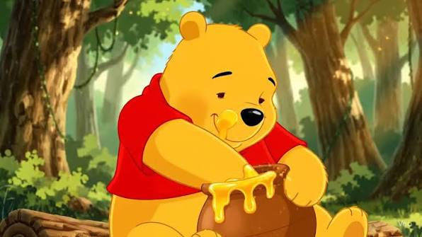 Winnie l'ourson au pull rouge plonge la patte dans un pot de miel qui dégouline, assis dans la forêt